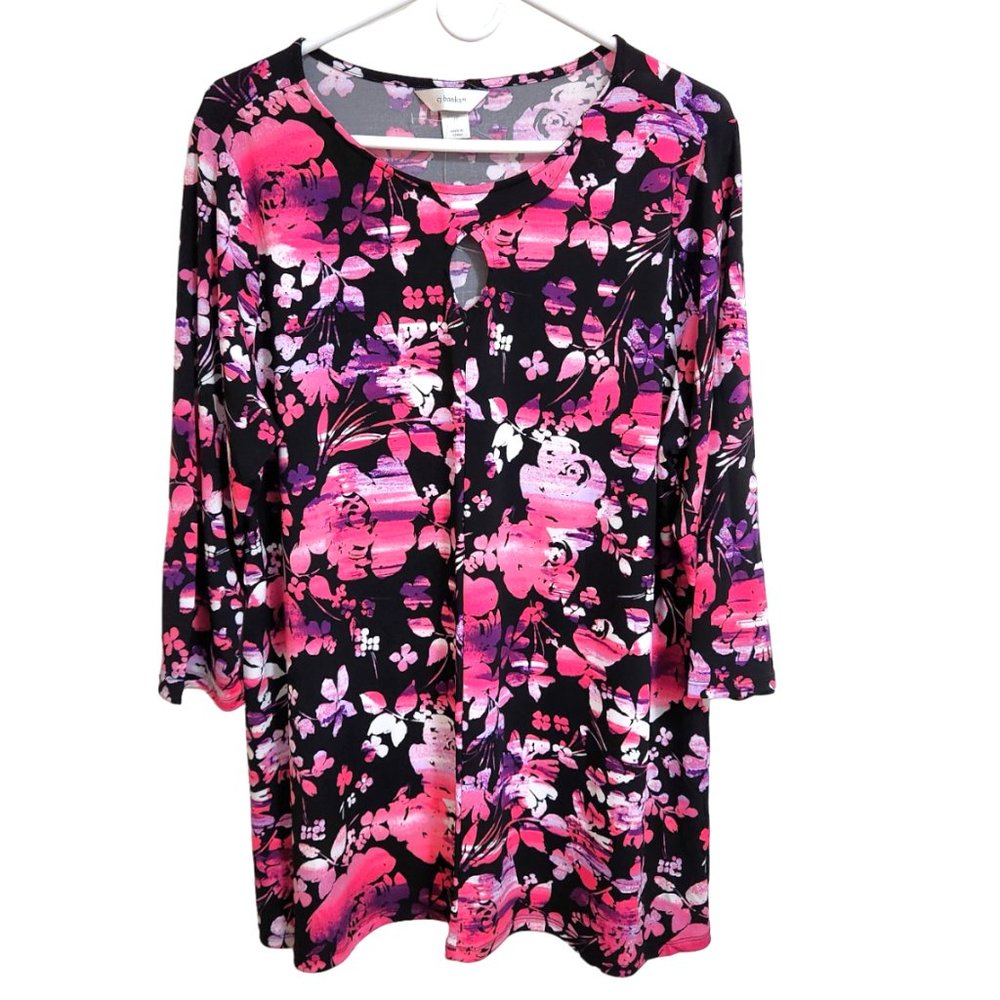 NEW CJ Banks Long Sleeved Scoop & Key Hole Neckline Tunic Blouse Black & Pink 1X